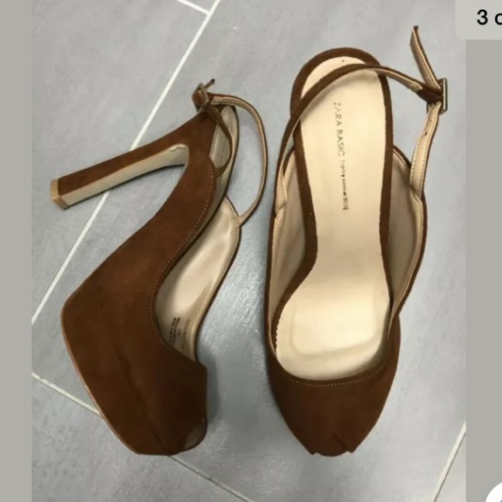Zara Basic Platform Sling Back Heels Cognac 39/9 - image 2